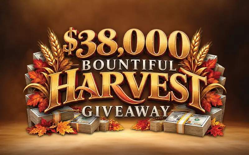 $38,000 Bountiful Harvest Giveaway promotional logo featuring elegant gold and bronze lettering surrounded by autumn leaves, golden wheat stalks, and stacks of cash against a warm brown background.
