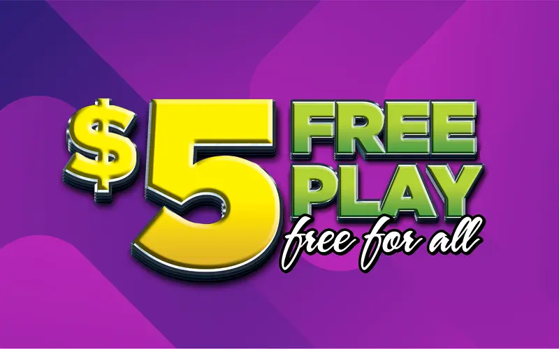 $5 FREE PLAY Free for All promotional logo featuring large yellow and green 3D lettering against a purple and magenta geometric background.