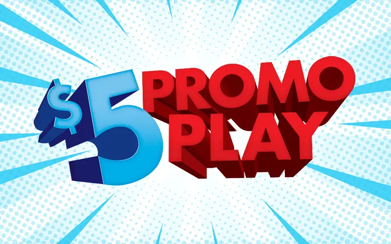 $5 Promo Play promotional logo featuring large blue and red 3D lettering against a white background with light blue halftone dots and radiating lines.