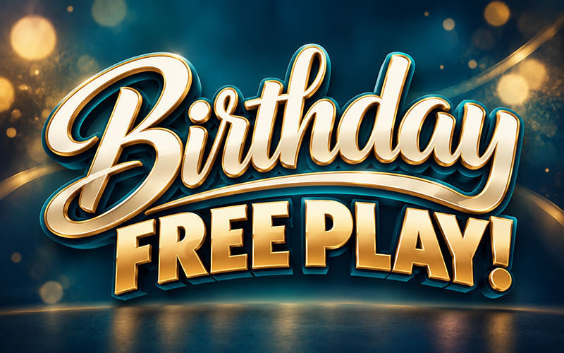 Birthday FREE PLAY! promotional logo featuring elegant ivory script and champagne-gold lettering against a deep teal and navy background with soft golden lights.