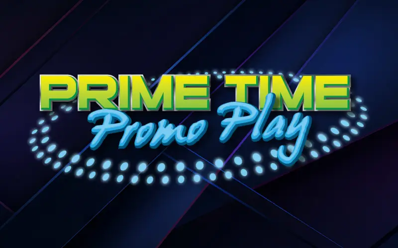 Prime Time Promo Play promotional logo featuring bold green and blue lettering surrounded by glowing blue lights against a dark navy geometric background with diagonal accents.