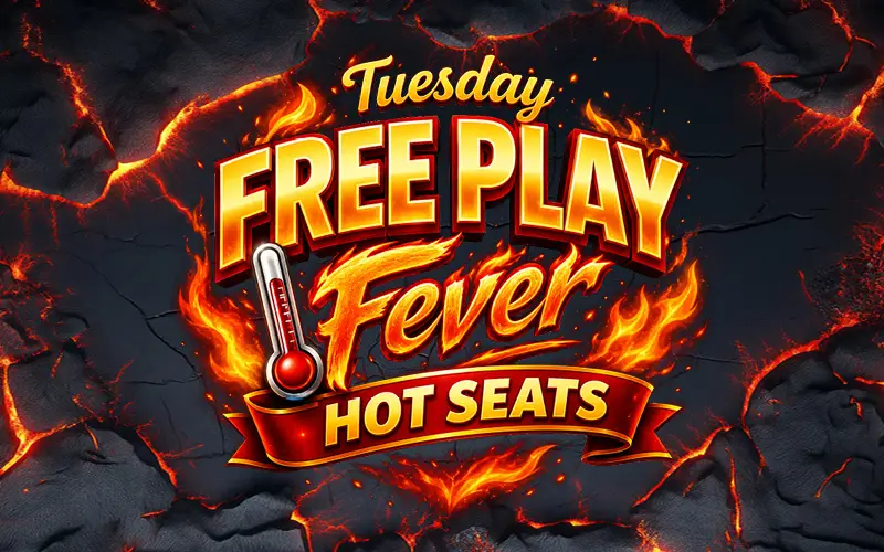 Tuesday FREE PLAY Fever Hot Seats promotional logo featuring fiery red and gold lettering, flames, and a thermometer against a dark cracked stone background with glowing lava.